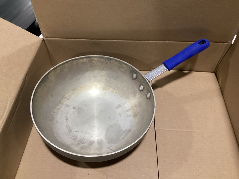 Condition photo showing As Is for winco aluminum stir fry pan, 11-inch,silver