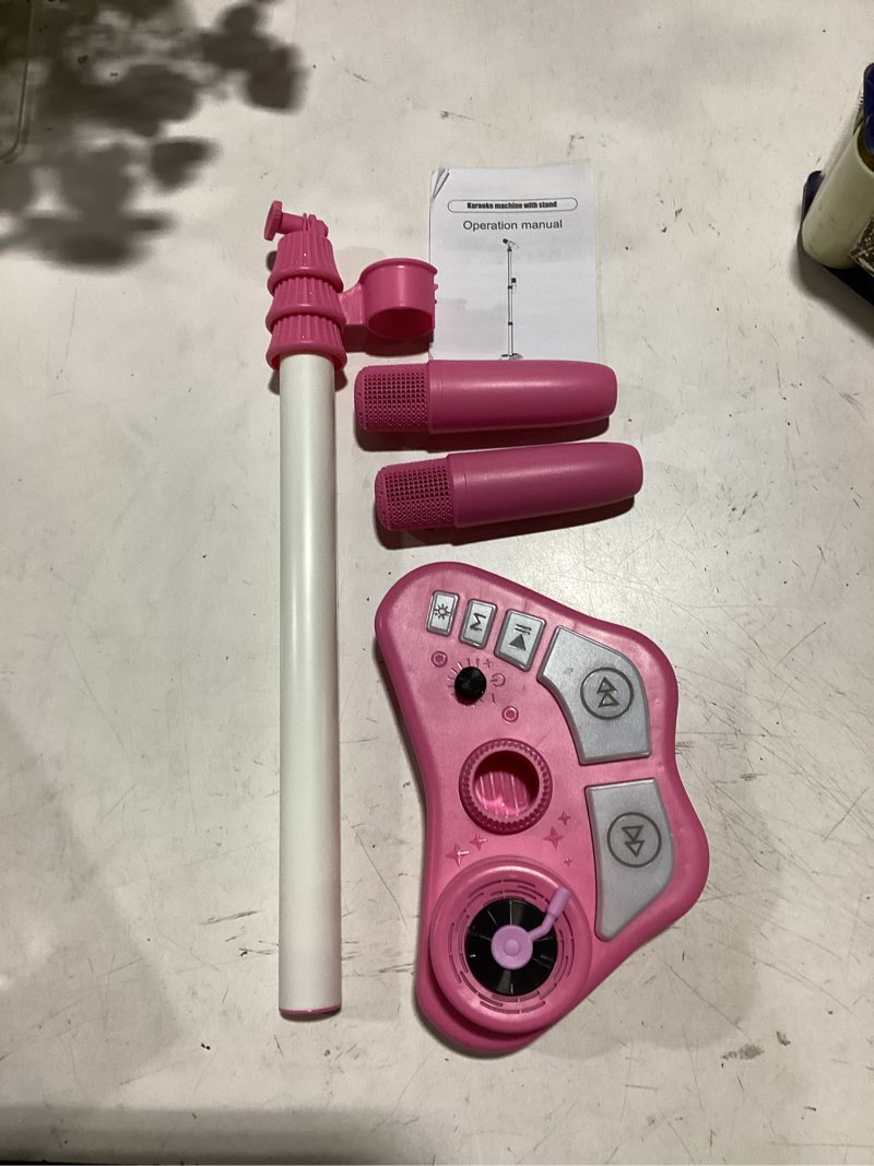 Condition photo showing As Is for kids stand karaoke machine toys for 3 4 5 6 7 8 year old girls gift, kid rechargeable microphone toddler birthday gift singing toy for girl ages 3-5 4-6, portable bluetooth speaker with 2 mics pink