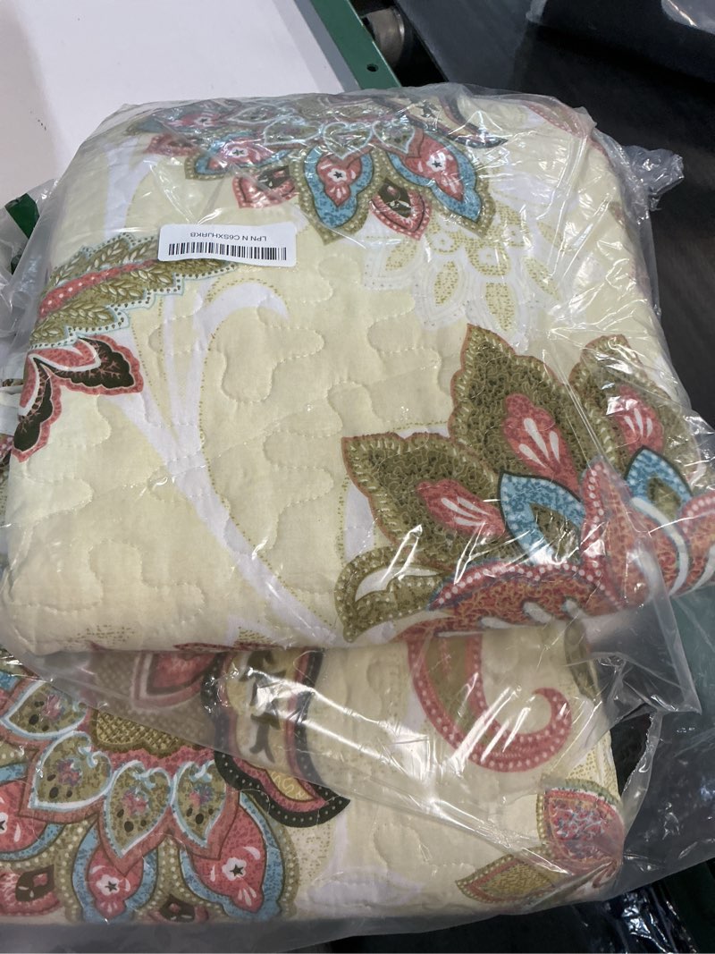 Condition photo showing As Is for fancy collection 3 pc quilted bedspread over size new (king/california king, beige rust green floral) king/california king beige rust green floral