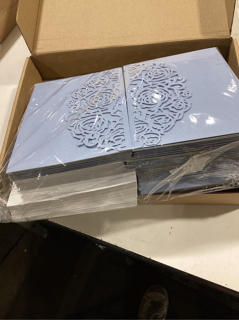 Condition photo showing Good Condition for 50pcs baby blue laser cut wedding invitation with envelopes and rsvp cards | tri-fold invitation sleeves, 4.9x7.1”, blank inner cards, invitaciones para 15 años quinceañera wedding baby shower light blue 50pcs