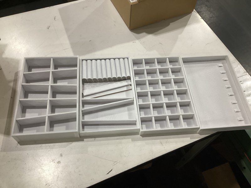 Condition photo showing New/Like New for velvet jewelry drawer organizer trays – large white stackable jewelry storage inserts set, 4-layer jewelry tray set for earrings, rings, necklaces, bracelets with removable dividers for dresser,vanity white expanded (magazine size)