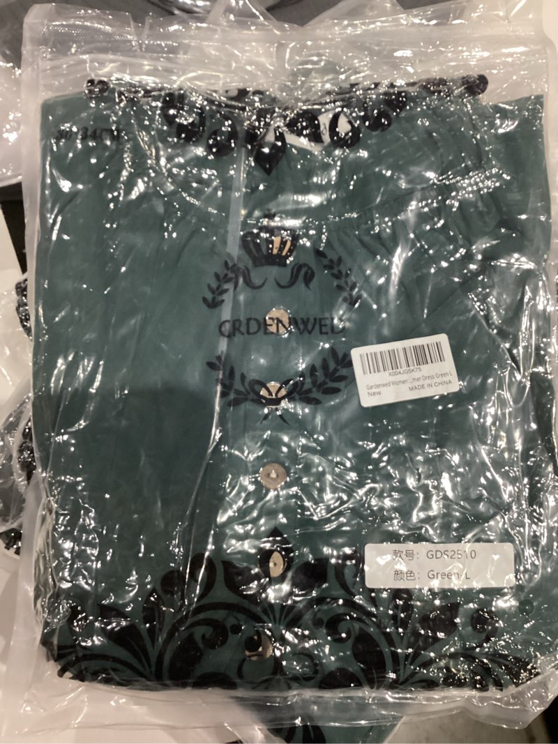 Condition photo showing New/Like New for Gardenwed Women's Vintage Midi Dress, Puff Sleeve Smocked Waist Button Front A-Line Casual Summer Sundress with Pockets Green Large