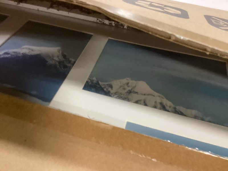 Condition photo showing As Is for 12x36 Picture Frame 2 Packs, Real Glass and Distressed White Wood Frame, Display Collage Pictures Twelve 4x6 With Mat or Pennant 12 x 36 Without Mat - Horizontal or Vertical Wall Mounting 12x36 in matted to 12-4x6 Distressed White