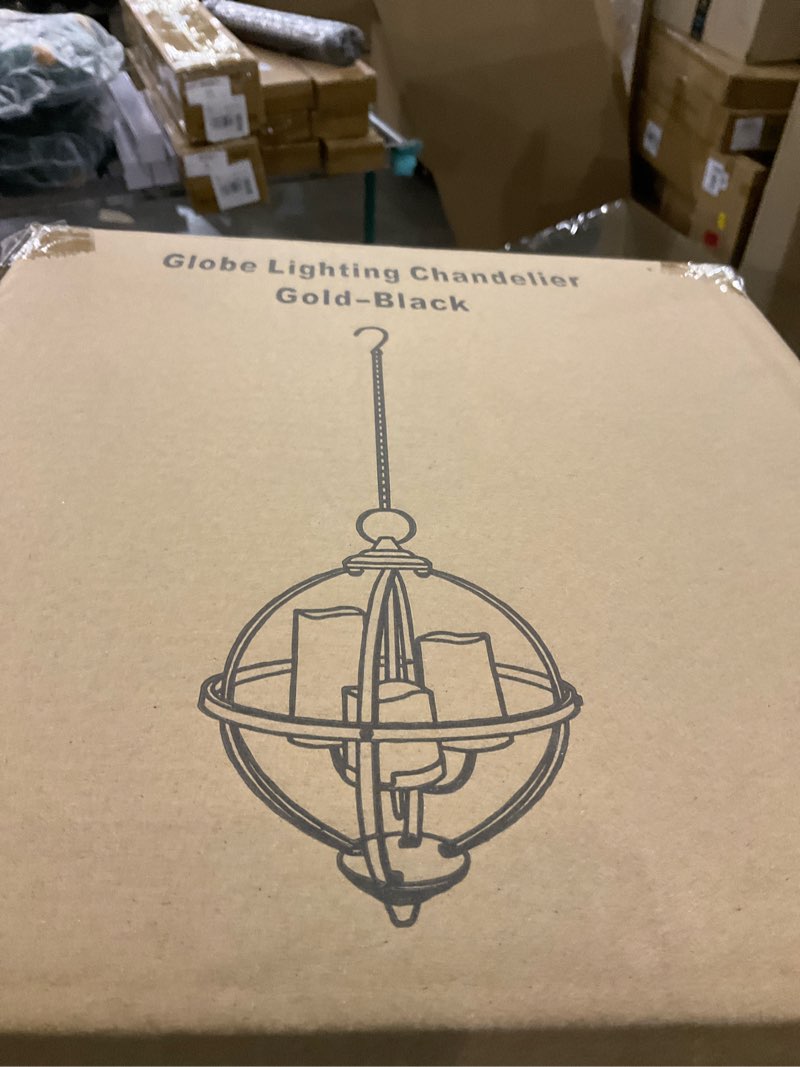 Condition photo showing New/Like New for Battery Operated Outdoor Candle Chandelier - Gold and Black Metal Globe Hanging Pendant Light with 3 Flameless Candles, Waterproof Lights for Gazebo, Pergola, Garden, Porch & Backyard