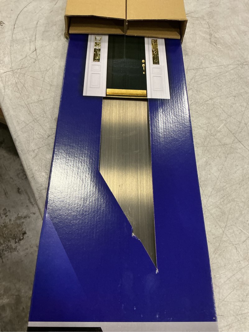 Condition photo showing New/Like New for hardware essentials door kick plate 8 in x 34 in aluminum kick plate with antique brass plated finish screw mount includes mounting hardware