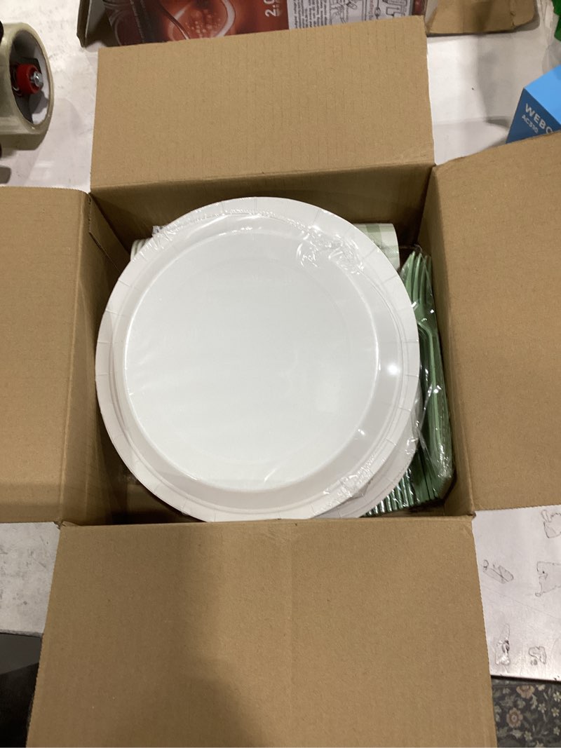 Condition photo showing New/Like New for 168pcs gingham party supplies for 24 guests thick paper plates and napkins knives spoons forks cups disposable party set cutlery for dinner baby shower wedding favor(sage green)