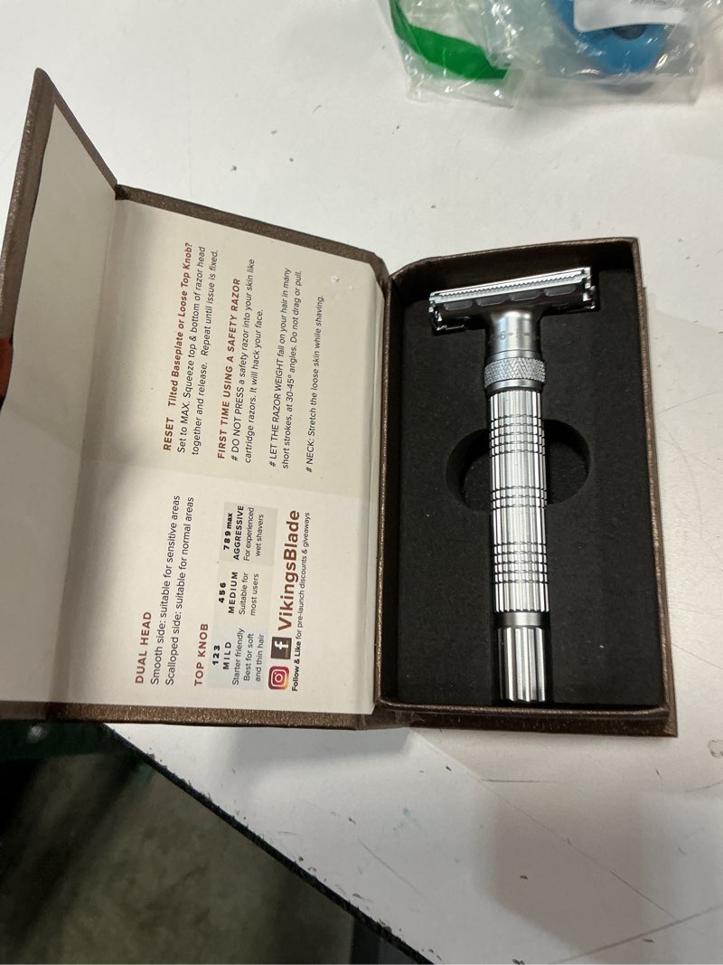 Condition photo showing Good Condition for VIKINGS BLADE Adjustable Double Edge Safety Razor + Luxury Case. Smooth, Reusable, Eco-Friendly (The Emperor “Frosted Chrome”) FAT, Chrome (Emperor)