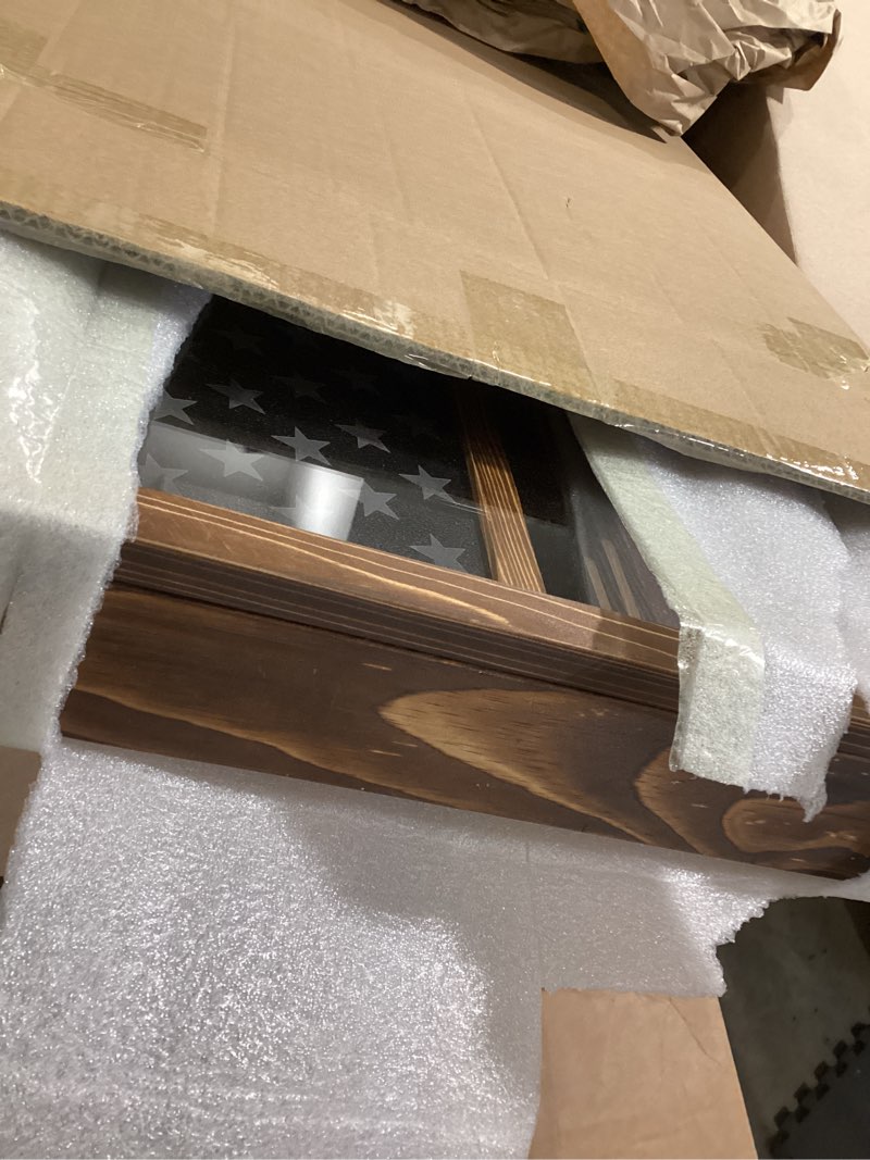 Condition photo showing Good Condition for Challenge Coin Display Case, Lockable Military Coin Holder Cabinet with Removable Star Board & HD Tempered Glass Door (27.6" L x 18.1" W), Solid Wood Wall Mount Coins Collection Rack Stand Charcoal Brown