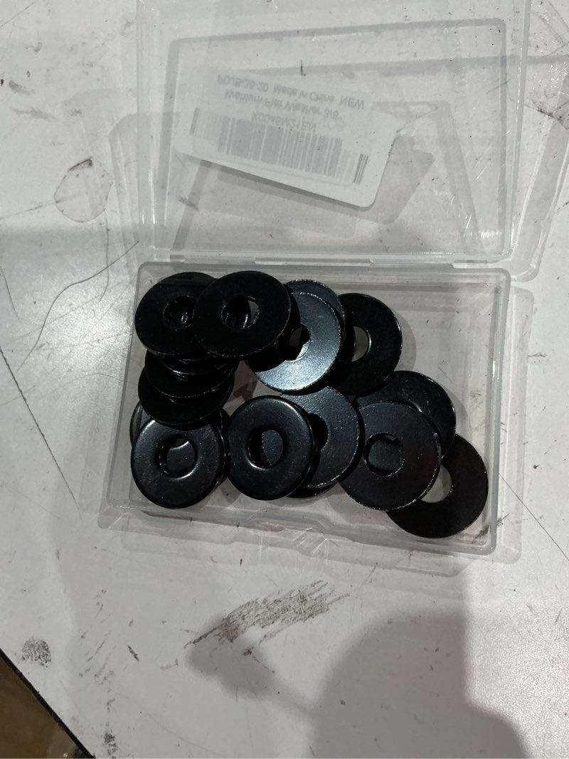 Condition photo showing As Is for (incomplete, missing pieces)20 pcs 3/8\\\" stainless flat washers, 1-1/6\\\" outer diameter, 18-8 (304) stainless steel metal washers for screws and bolts, black finish 3/8\\\" x 1-1/6\\\" od blacke