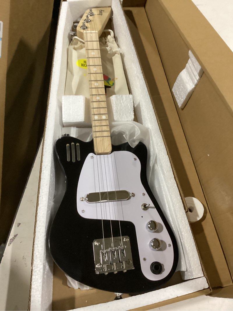 Condition photo showing New/Like New for loog mini electric kids guitar for beginners built-in amp ages 3+ learning app and lessons included black