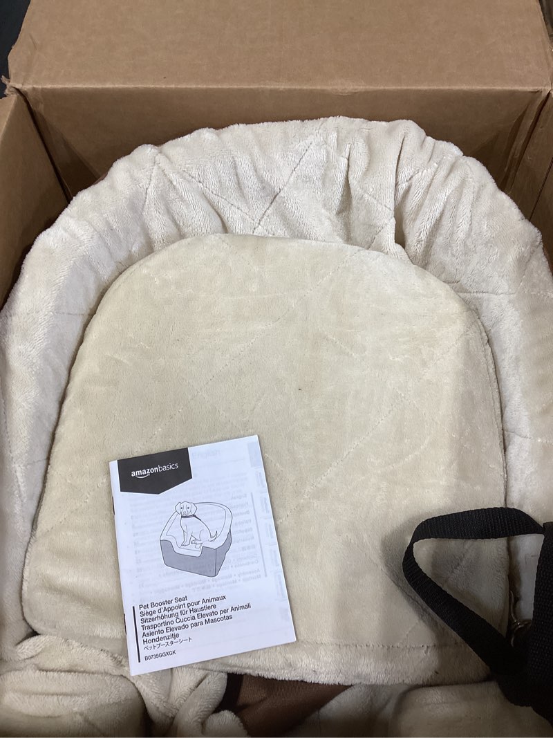 Condition photo showing Good Condition for amazon basics dog car seat booster for small dogs up to 25lbs, washable removable cover, safety leash, elevated view for window, 18" x 18" x 16", tan tan 18" x 18" x 16"
