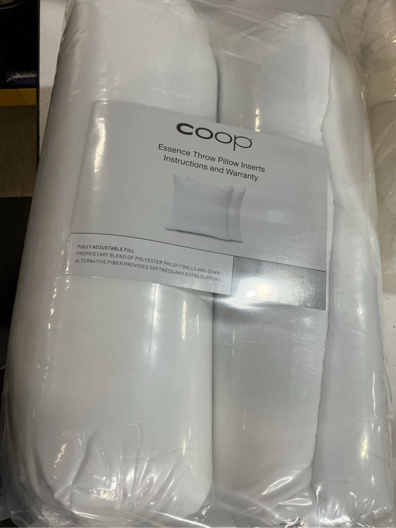 Condition photo showing New/Like New for coop home goods essence adjustable throw pillow inserts 20x20, set of 2, adjustable down alternative cushions for couch, bed, or chair, decorative square pillows for living room, oeko-tex certified essence down alternative 20x20
