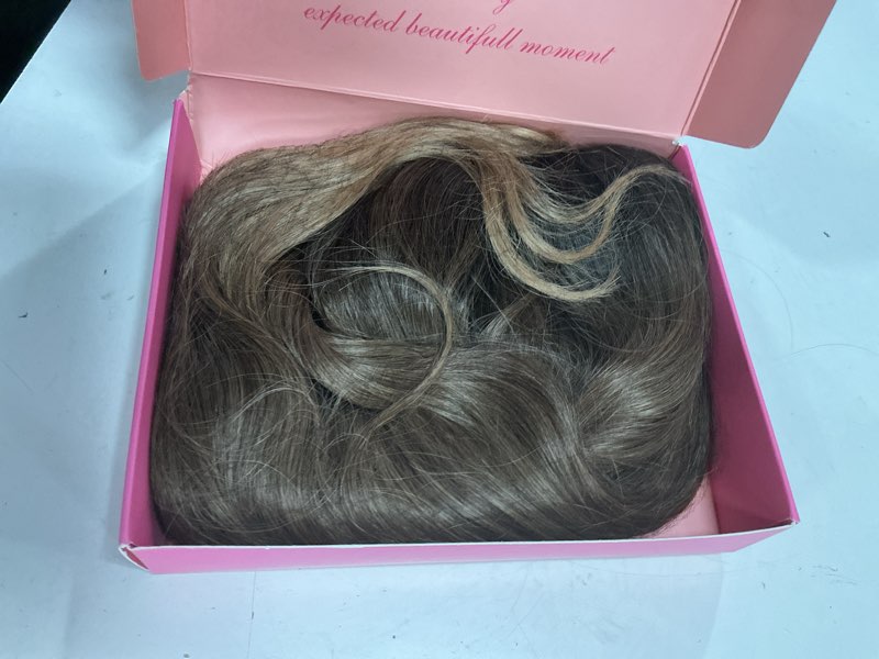 Condition photo showing As Is for udu 20inch ombre brown wavy hair topper for women, long hair topper with natural coverage, clip in hairpiece for thinning hair, invisible natural coverage top piece rich brown with dark root