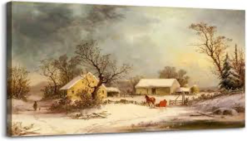 crmotu Large Landscape Wall Art, Farmhouse Wall Decor, Winter Wall Art, Snowy Farm Canvas Painting, 