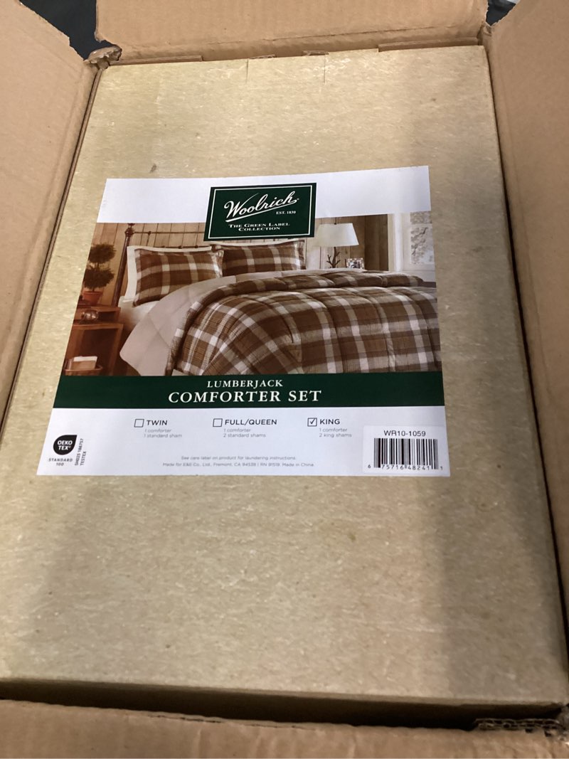 Condition photo showing item condition for Woolrich Comforter Set, Cabin Lodge, Warm Cover for Colder Season, Modern Cottage-Inspired Down Alternative Ultra Soft Microfiber Bedding, Matching Sham, Plaid Brown King 3 Piece