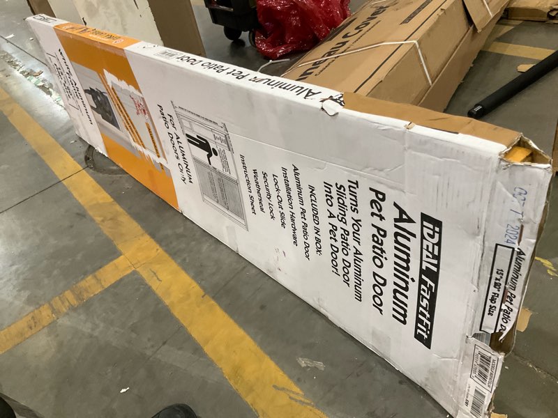 Condition photo showing As Is for ideal pet products aluminum pet patio door, adjustable height 77-5/8" to 80-3/8", 15" x 20" flap size, white white extra large/15" x 20" flap size