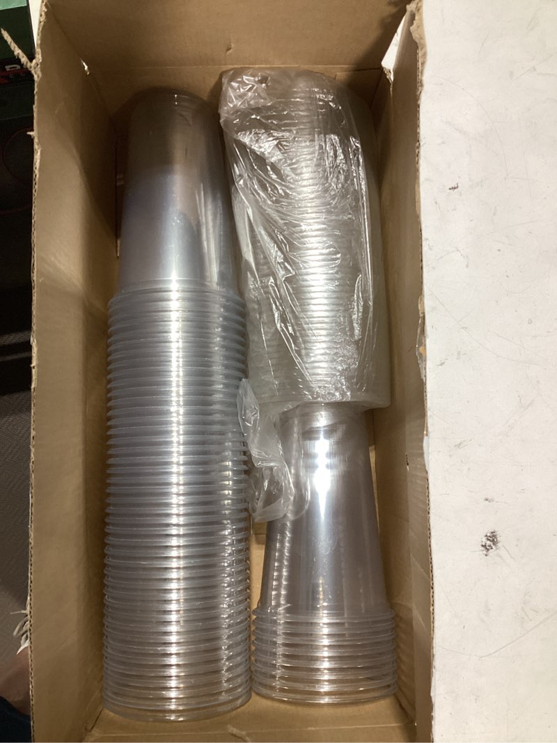 Condition photo showing As Is for 50 pack 18 oz clear plastic iced coffee cups with strawless sip lids | disposable pet crystal cups,round bottom to go cup for iced coffee juice smoothie cold beverage