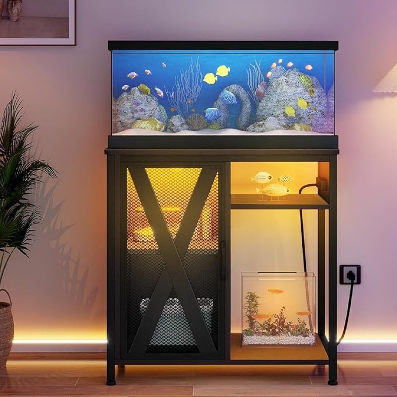 Incomplete box 1 of 2 only. DWVO 20-29 Gallon Aquarium Stand with Power Outlets & LED Light, Cabinet for Fish Tank Accessories Storage - Metal Fish Tank Stand Suitable for Turtle Tank, Reptile Terrarium, 350LBS Capacity, Brown