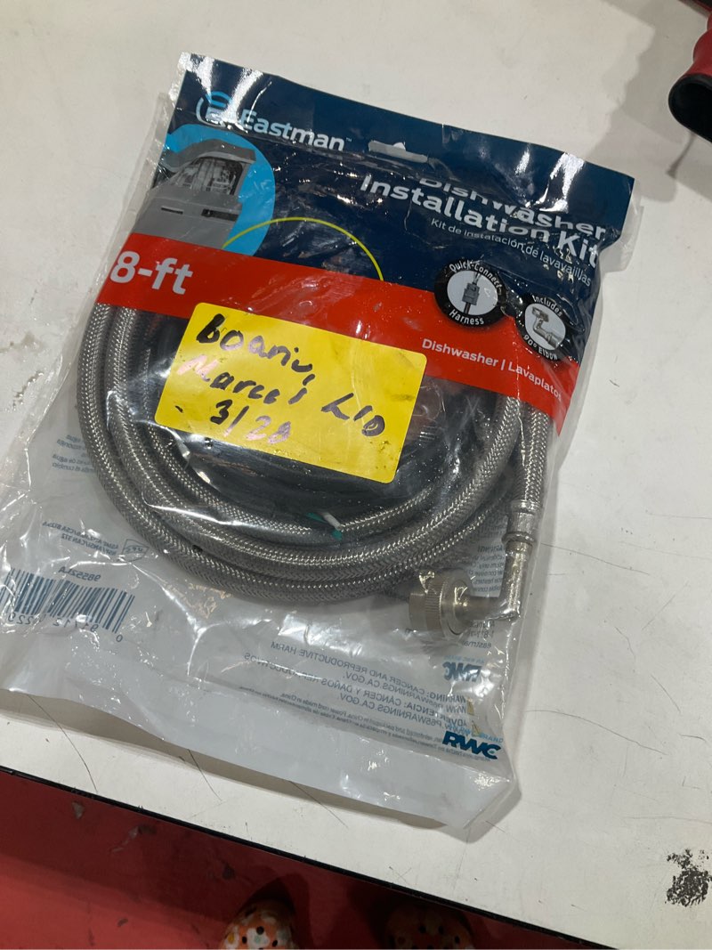 Condition photo showing As Is for eastman 8-ft 3/8-in compression inlet x 3/4-in hose thread outlet braided stainless steel dishwasher connector