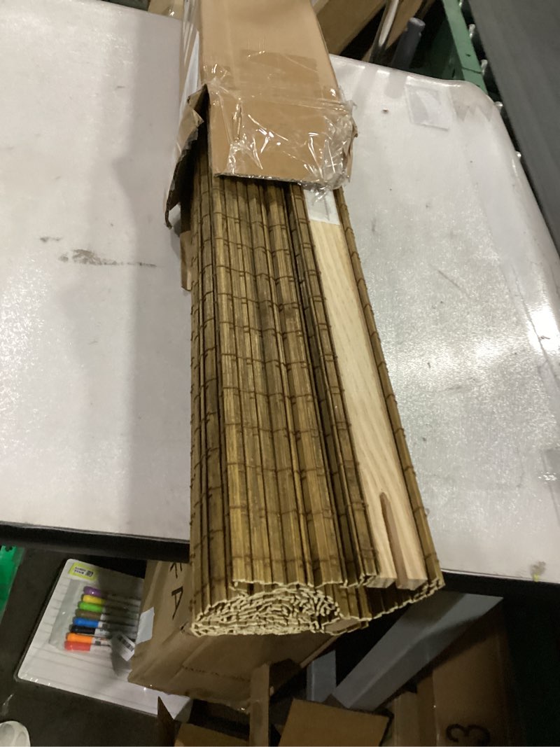 Condition photo showing As Is for LazBlinds Cordless Bamboo Roman Shades, Privacy Blinds for Interior Windows, Room Darkening Roll Up Bamboo Blinds for Home & Patio, 23.5" W x 64" H, Highfield Teak Pricacy - Highfield Teak 23 1/2" W x 64" H