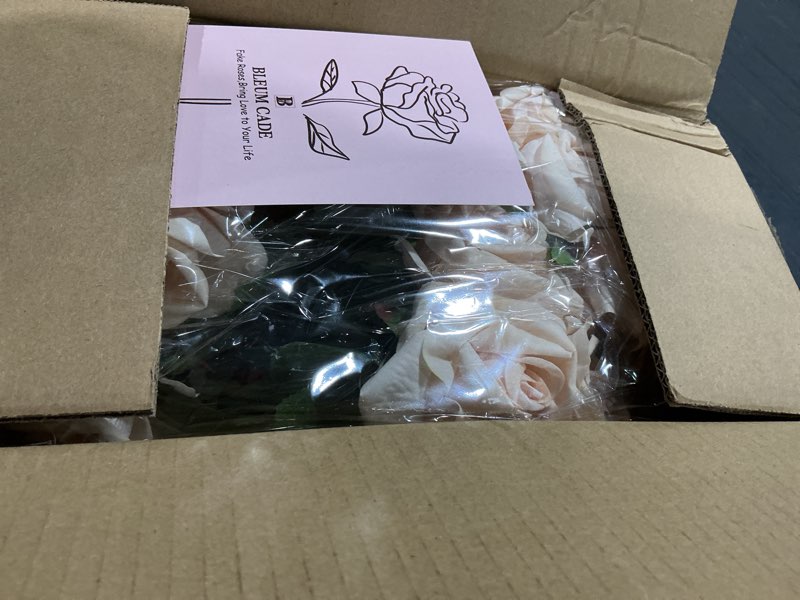 Condition photo showing New/Like New for 50 pcs champagne roses artificial flowers, real touch velvet roses bouquet fake flowers bulk, artificial roses with long stems for birthday gift women mom diy bridal wedding centerpiece decorations champagne 50pcs