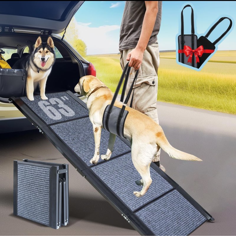 63" Long Dog Ramp for Car, Foldable Dog Ramps for Large Dogs, Portable Dog Ramp for Truck, 17" Wide Dog Car Ramp with Non-Slip Rug Surface, Pet Ramp for Large Dogs Up to 200LBS for Car, SUV & Truck-L