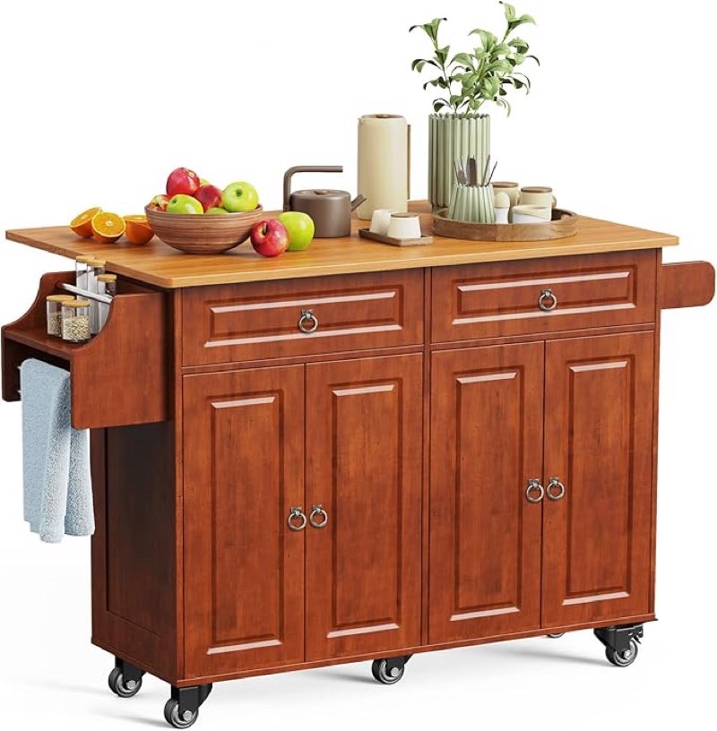 Aiho Kitchen Island Cart with Storage, 52’’ Mobile Carts with Rolling Kitchen Table with Towel Rack, Spice Rack, Drawer, Large Storage Cabinet, Brown