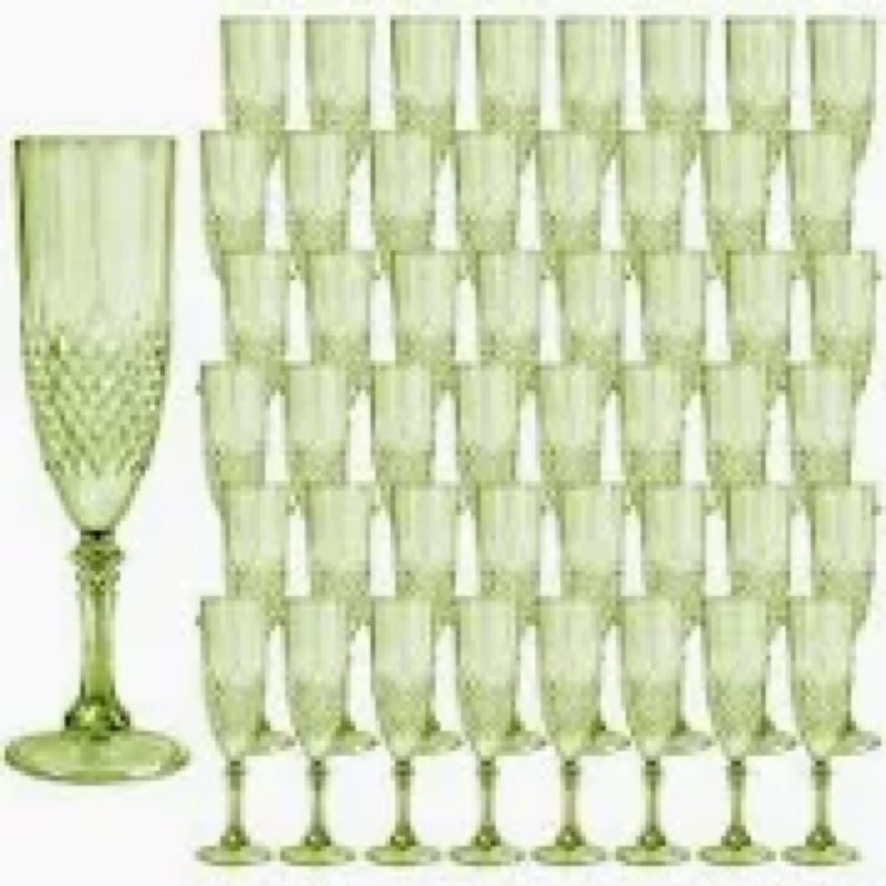 HTTBEIZI Light Green Champagne Flutes Set of 48 7oz, Plastic Reusable Glasses Cups Goblets Shatterproof Unbreakable, for Valentine’s Day Christmas Wedding Party Mimosa Bar Light Green 48
