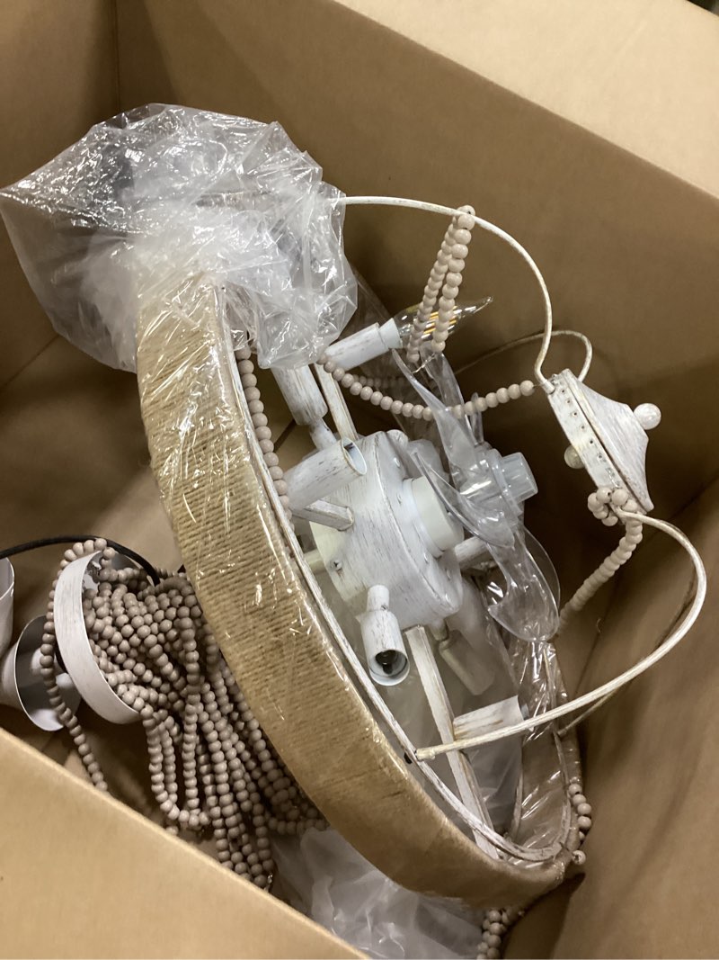 Condition photo showing As Is for Vintage Bohemian Empire Chandelier Fan with 64 Wood Bead Strands, 7-Blade Invisible Fan, Antique White Gold Finish Ceiling Fan for Living Room, Bedroom(White Gold, 20'' Boho Style) White Gold + Wood Bead 20'' Bohemia Style