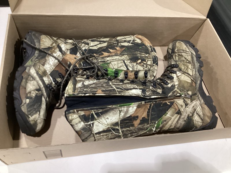 Condition photo showing As Is for Men's 16\" Snakeproof Hunting Boots Waterproof Side-Zip Mud Boots with Steel Shank, Non-slip Camo Boot for Outdoor Work 10.5 Brown, USED