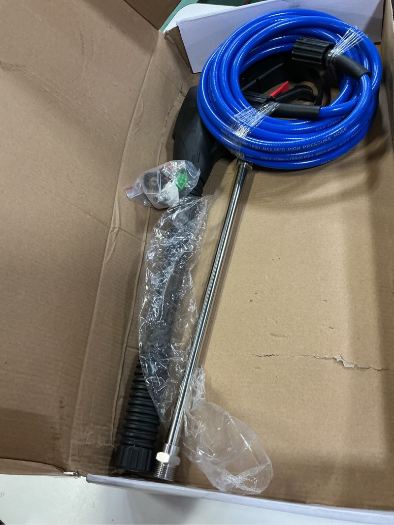 Condition photo showing Good Condition for feng pai pressure washer gun with 15in extension wand & 25ft hose, 5 nozzle tips quick connect, power washer hose and wand replacement, m22 14mm fitting for home car clean washing, 4000 psi, blue