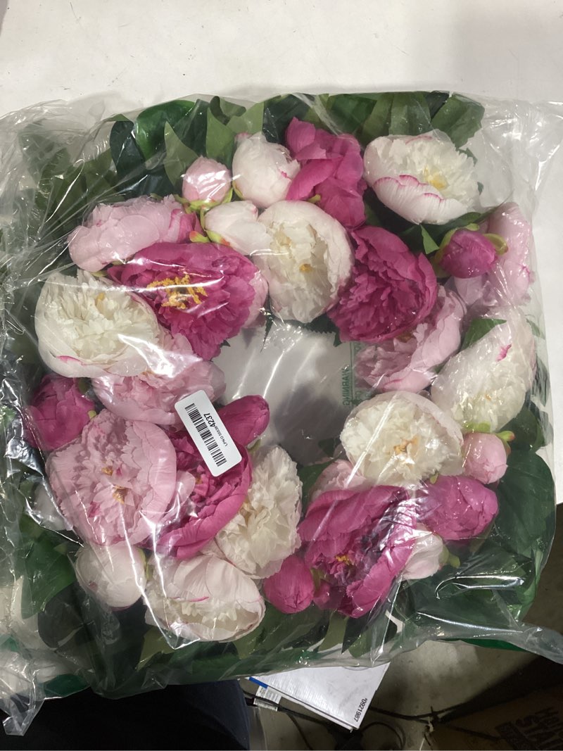 Condition photo showing Good Condition for spring wreath for front door- 24 inch summer wreath artificial pink & white peony flowers with black and white striped bow, spring and summer door wreath with hanging ribbon for indoor outdoor decor