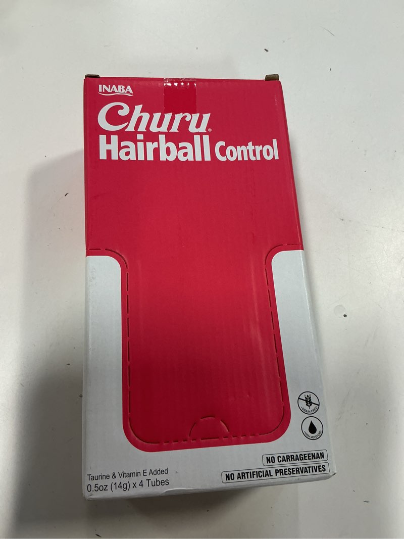 Condition photo showing New/Like New for (Best by 04/22/2027) INABA Churu Hairball Control, Functional, Creamy Lickable Purée Cat Treat with Taurine & Vitamin E, 0.5 Ounces Each, 24 Tubes (4 per Pack), Tuna Recipe