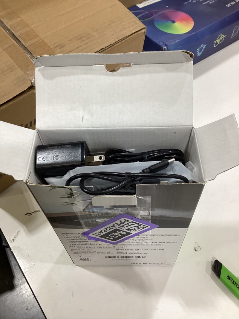 Condition photo showing New/Like New for 6 in 1 Wireless Charger for Apple Multiple Devices, Charging Station with Clock &7 Color Ambient Light, Foldable Rotate Stand for iPad, for iPhone17/16/15, Support for Apple Watch11/10 For AirPods4 Ink