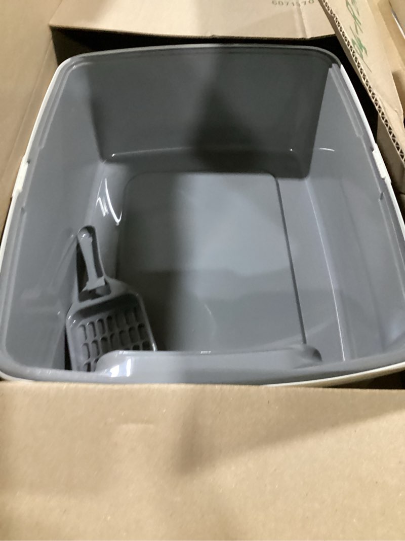 Condition photo showing Good Condition for amazon basics large cat litter box with high sides, open top for easy access, includes scoop with storage, 19" x 15" x 11.75", grey/beige grey/beige open top