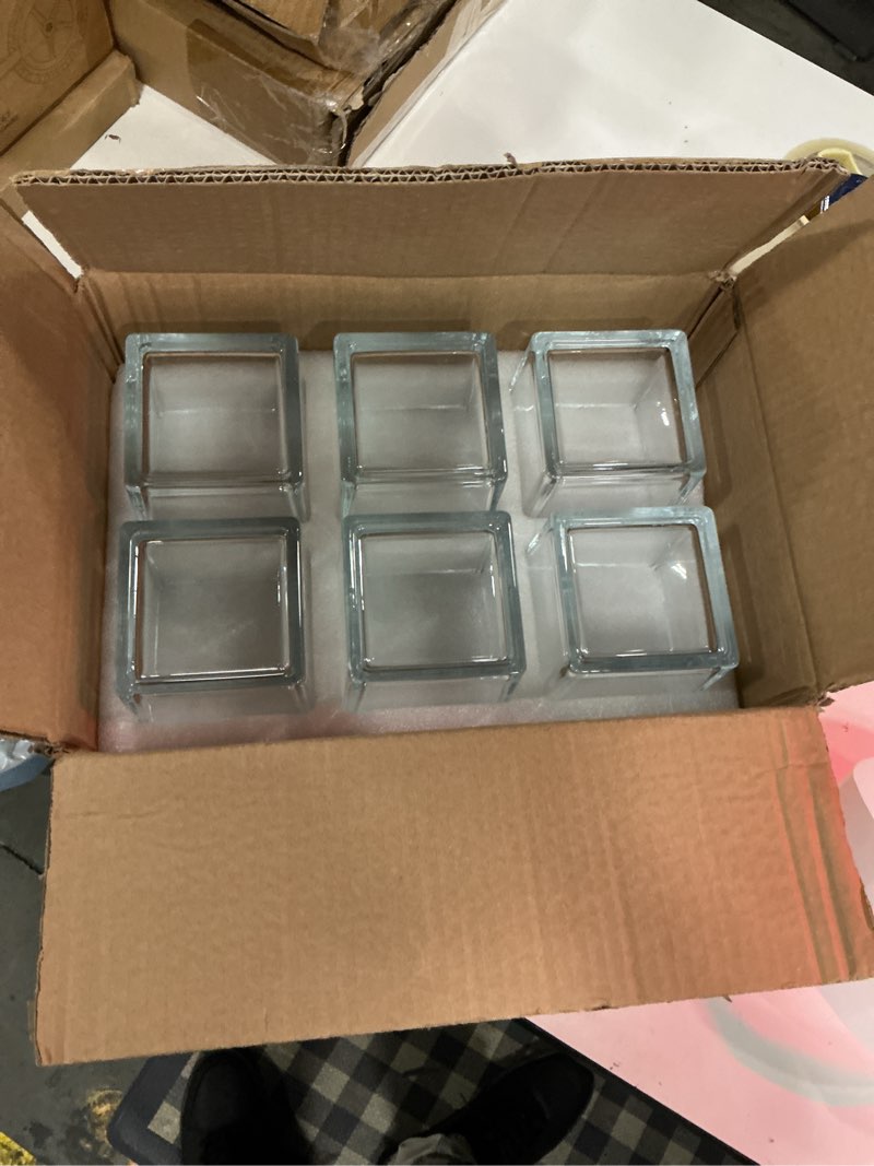 Condition photo showing New/Like New for set of 6 square glass vases for centerpieces – 4" x 4" x 4" clear short vases, flower vase, plant terrariums, or candle holders for wedding centerpieces, office decor, home décor, parties 4in-6pcs clear