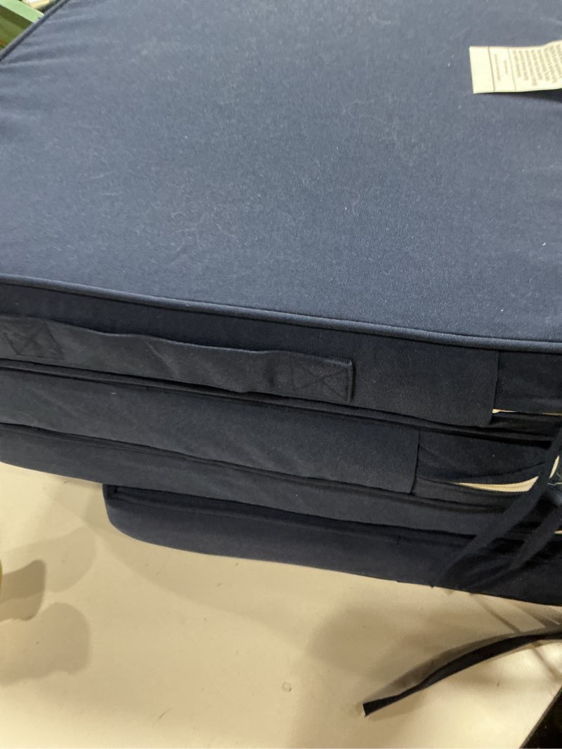 Condition photo showing Good Condition for outdoor chair cushions set of 4 -waterproof outdoor seat cushions for patio furniture, patio chair cushion with handle and ties, square out door chair pads,19" x 19" x 3", navy blue navy blue 19x19x3-square