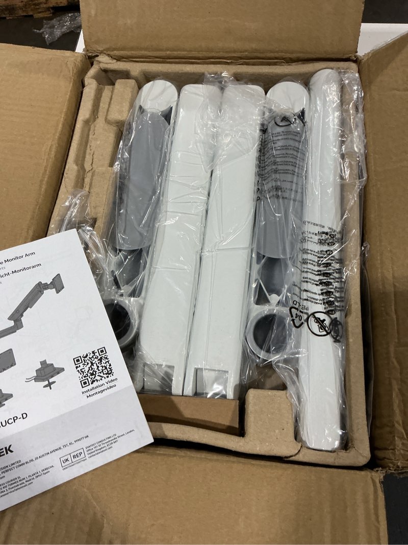 Condition photo showing New/Like New for monTEK Sleek Aluminum Monitor Arm for 17–57” Ultrawide Screens up to 59.4 lbs, USB 3.0 A/C, Heavy Duty Dual Monitor Arm Desk Mount, Pneumatic Lift, Quick-Release Plate, Clamp/Grommet, max VESA 100x100