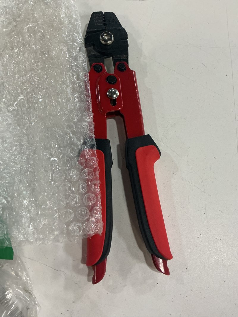 Condition photo showing Good Condition for wire rope crimping tool kit - 2mm (5/64") stainless steel vinyl coated aircraft cable (100ft) with 100 aluminum ferrules and 10 hooks for picture hanging, string lights, outdoor decor, tether (red)