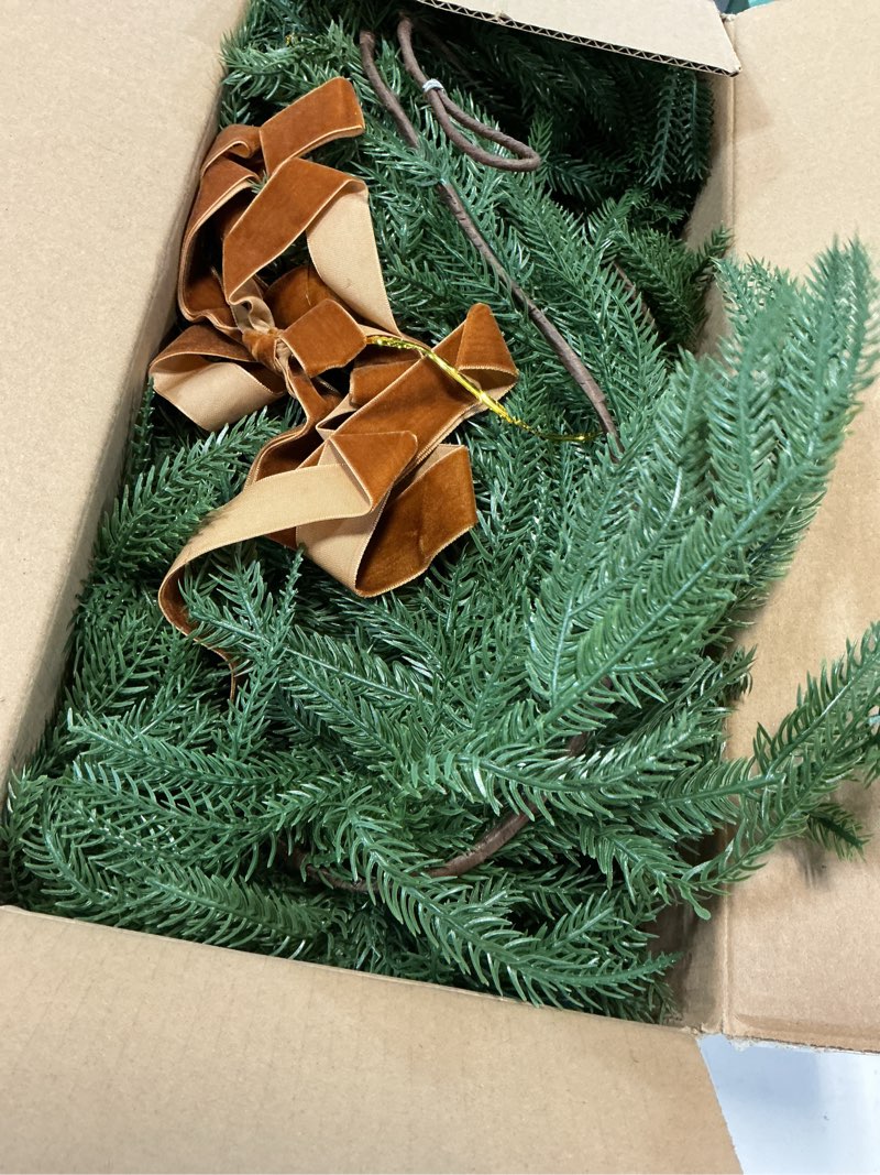 Condition photo showing Good Condition for 2 pcs 9 ft artificial norfolk pine garlands - realistic pine garland green artificial for table, mantle, wall, indoor, outdoor winter christmas decorations