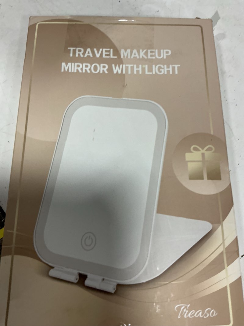 Condition photo showing New/Like New for travel makeup mirror, portable rechargeable mirror with lights | usb-rechargeable, 3 color led lighting, adjustable brightness, 7.9x5.4 inch, 1200mah battery, gift for women and girls, black