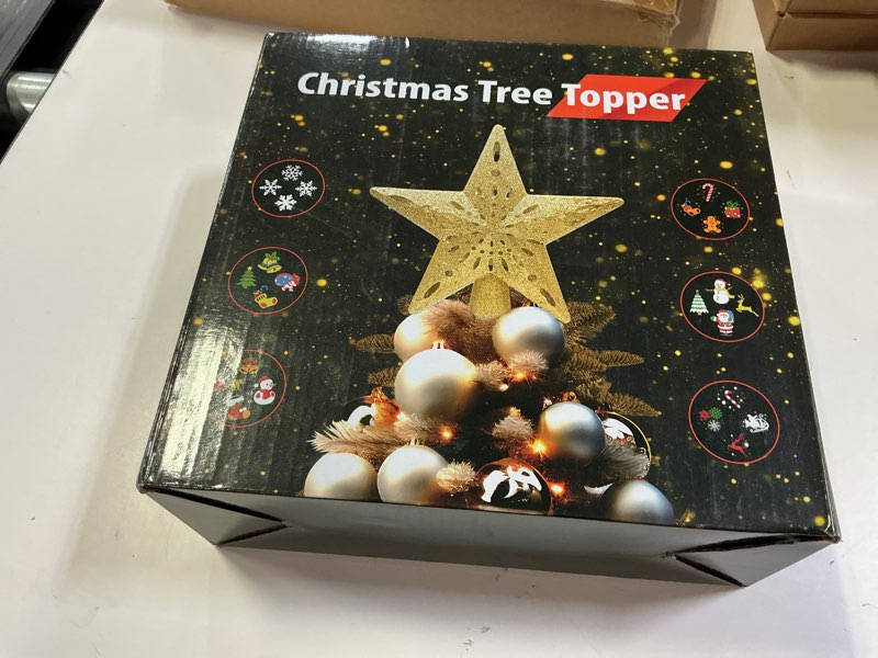 Condition photo showing New/Like New for christmas tree toppers lighted with 6 projection modes, christmas star tree topper with built-in led rotating lights, gold 3d glitter projection for xmas party holiday decorations golden star