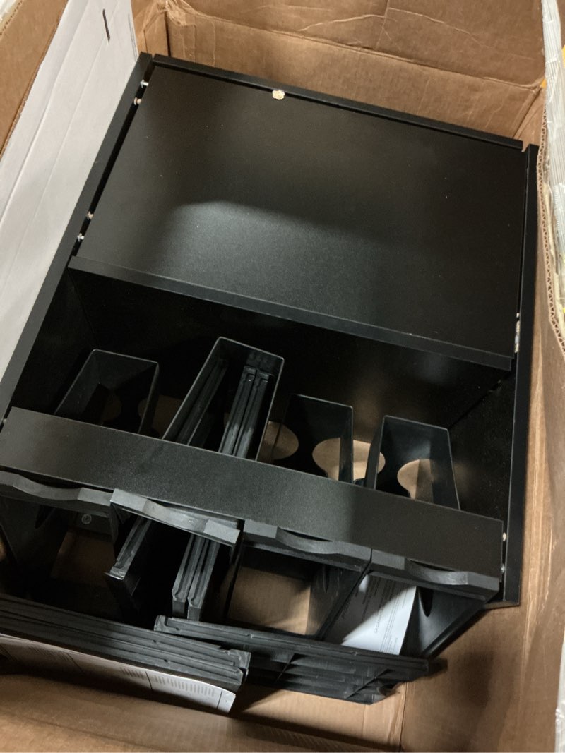 Condition photo showing As Is for safco go cart mobile cart, rolling file organizer, includes 4 removable plastic tubs for letter-size hanging files & 6 pullout shelves black