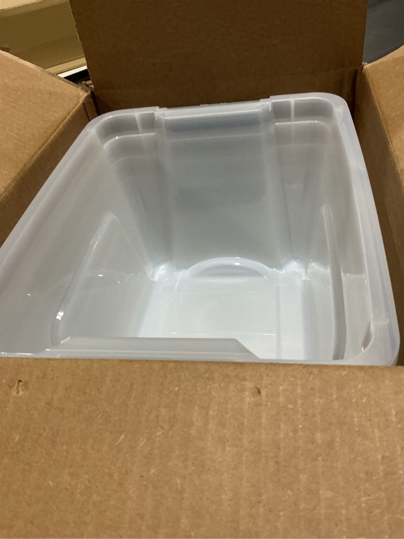 Condition photo showing Good Condition for IRIS USA 19 QT Plastic Storage Box with Lid and Latches - 6 Pack - BPA-Free, See-Through Organizing Solution, Durable Nestable Stackable Containers, Secure Pull Handle - Clear Clear 19 Qt 6 Pack