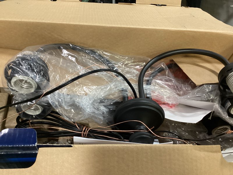 Condition photo showing Good Condition for project source fallsbrook 5 -light matte black traditional for use in bedrooms, dining rooms, foyers, kitchens, living rooms chandelier