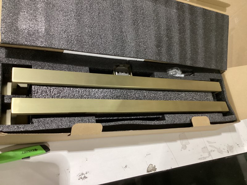 Condition photo showing As Is for 5-Piece Bathroom Hardware Set? Brushed Gold Bathroom Accessories 304 Stainless Steel? Including 23.8 inch Bath Towel Bar*2, Double Towel Hook, Toilet Paper Holder, and Towel Ring