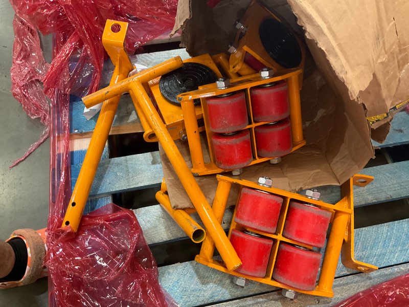 Condition photo showing As Is for vevor machine skate, 6t machinery skate dolly, 13228 lbs machinery moving skate, machinery mover skate with 360° rotation cap and pu directional rollers, heavy duty industrial moving equipment, yellow