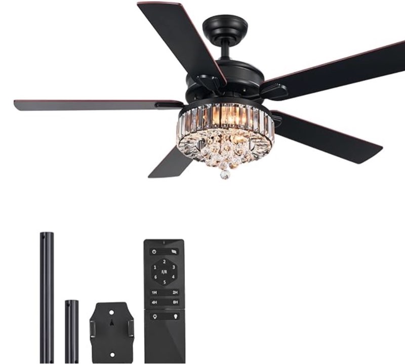 vonluce ceiling fans with lights, 52\" crystal ceiling fan and remote, 5 blades, 6-speeds noiseless reversible dc motor, chandelier ceiling fan for farmhouse bedroom indoor, black