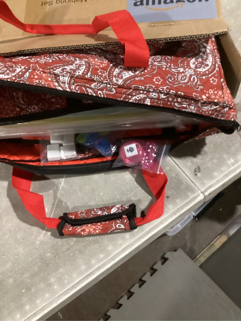 Condition photo showing Good Condition for American Mahjong Game Set, 166 White Tiles, 4 All-in-One Color Rack/Pushers, Complete Mahjong Tile Set Red Printed Carrying Bag