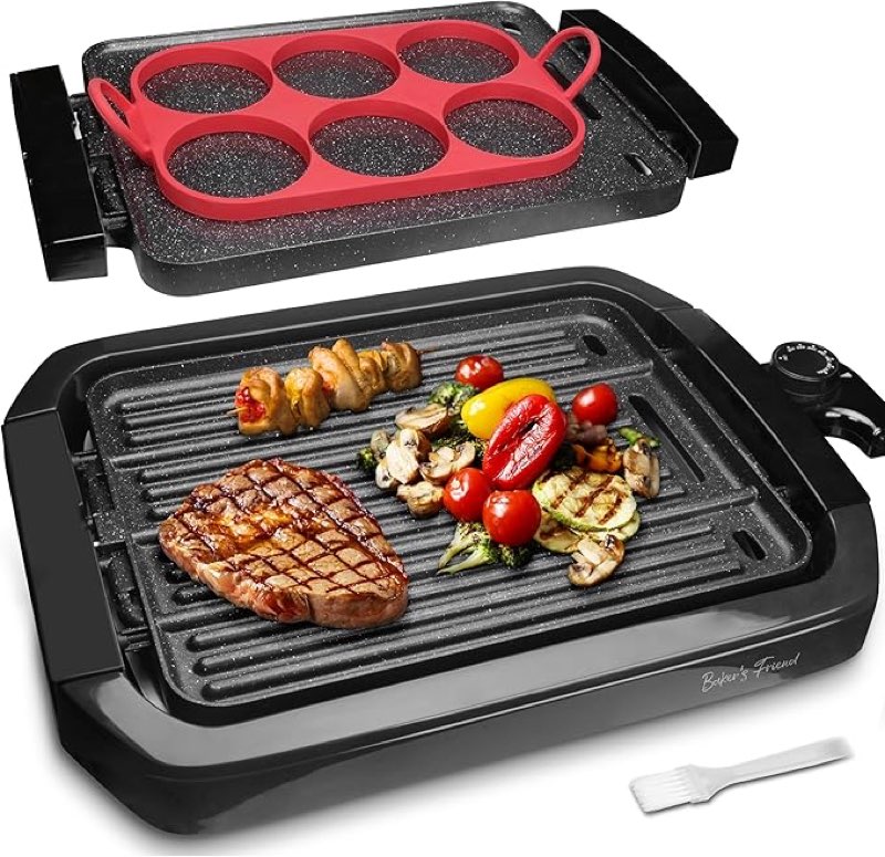 baker’s friend indoor griddle & grill, electric griddle with 2 in 1 indoor grill and griddle plate indoor grill with removable plate, silicone mold, dishwasher safe, recipes include, graphite